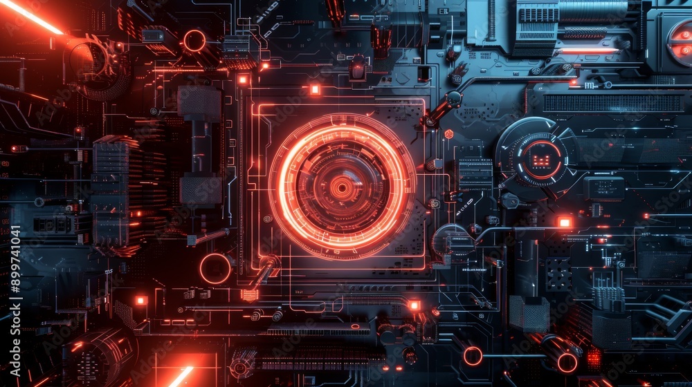 Poster a high-tech circuit board design glowing with vibrant red lights, set against a dark background. thi