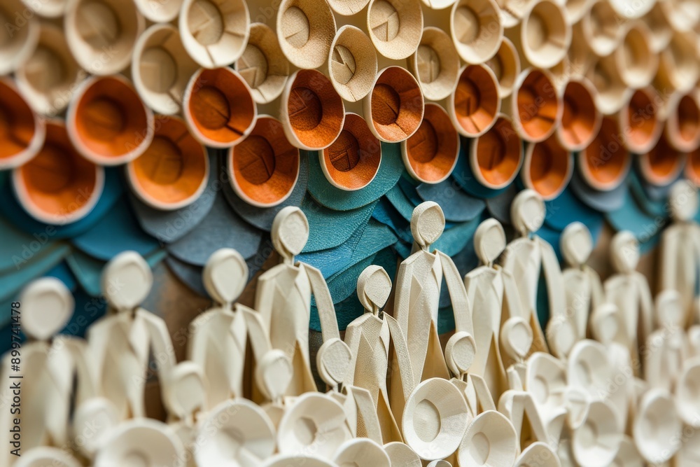 Poster abstract composition of stacked coffee cups showcasing a pattern of repetition and texture in a mode