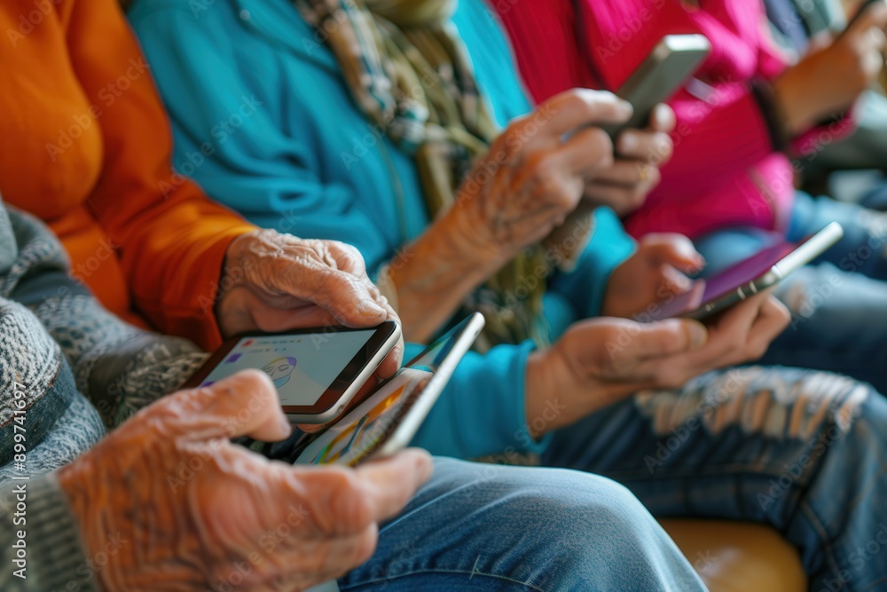 Poster elderly individuals are using smartphones while seated together in a community center during an afte