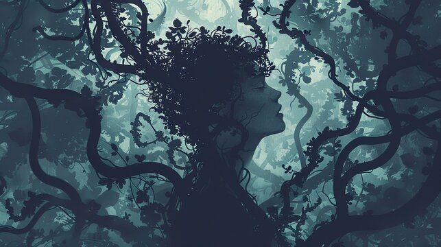 A generative AI illustration of a person surrounded by dark, twisting vines that wrap around them, symbolizing being trapped by depressive thoughts.