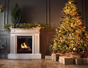 Holiday able with christmas tree and fireplace with copy space with christmas gifts