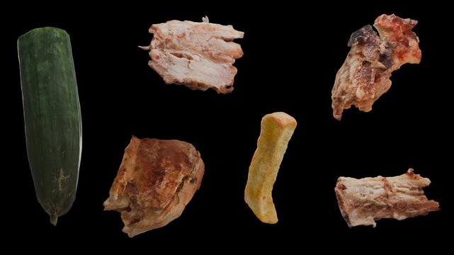 Rotation d'aliment 3D (frite, kebab, concombre) fond alpha