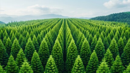 Aerial view of a vast green Christmas tree farm with perfectly aligned rows of lush evergreen trees set against a mountainous backdrop.