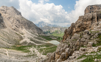 Awesome landscape, Italian Dolomites. Hiking trail from Büllelejochhütte, rifugio pian de cengia....