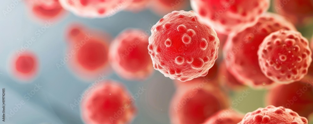 Poster close-up of red microscopic cells floating in a soft blue background, showcasing their structure and