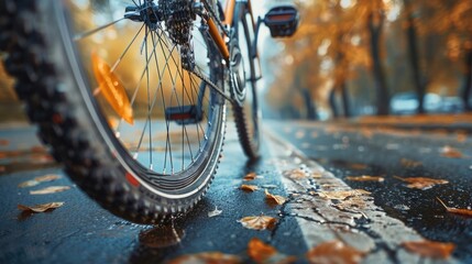 Close-up of bicycle wheel on a wet road with autumn leaves. Capturing the essence of fall cycling in a serene environment.