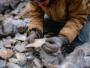 Closeup of geologist in brown jacket examining and analyzing rock formations in a rocky terrain, discovering geological specimens.