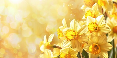 Fototapeta premium Daffodil Banner. Easter Floral Yellow Background with Blooming Flowers