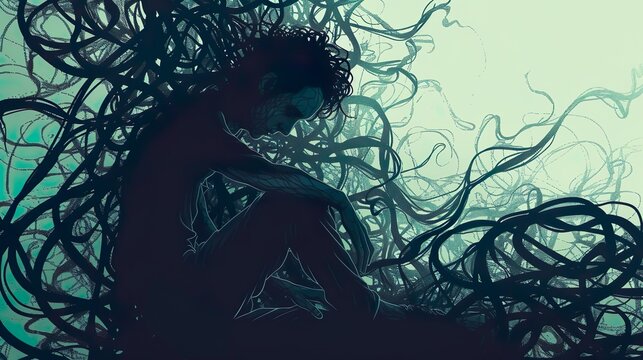 A generative AI illustration of a person surrounded by dark, twisting vines that wrap around them, symbolizing being trapped by depressive thoughts.