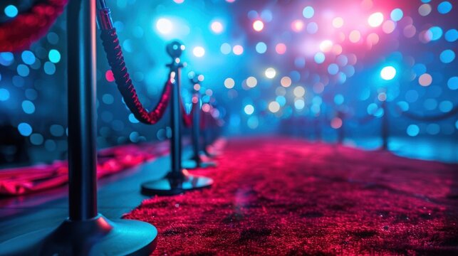Luxurious red carpet event with velvet ropes and bright lights creating a glamorous and exclusive atmosphere.