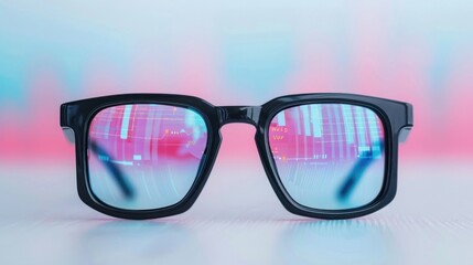 Stylish black eyeglasses with light reflections on the lenses, showing a modern and trendy look, placed on a colorful gradient background.