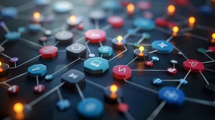 A 3D illustration of a flowchart with various business elements connected by arrows, representing a strategic plan.