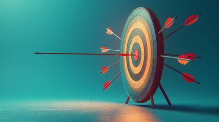 A 3D illustration of a target with arrows hitting the bullseye, symbolizing achieving strategic goals and objectives.