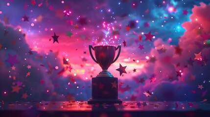 A 3D illustration of a trophy on a pedestal, surrounded by floating stars and confetti, representing victory and success.