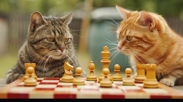 Two determined cats intensely focus on a game of chess, showcasing strategy and concentration in a playful outdoor setting.