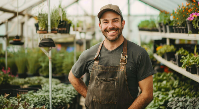 an attractive happy man wearing khaki overalls and hat, standing in the middle of his modern greenhouse full of vegetables smiling at the camera