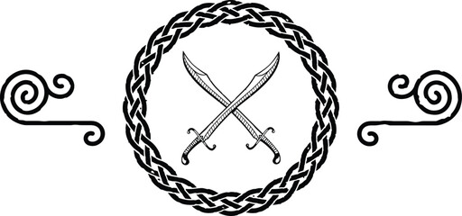 Celtic Knot Ring, Spiral Lines, Crossed Scimitars Header Logo