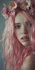 Obraz premium Hippie Chick. Retro Flower Child Model with Pink Hair in Vintage Floral Fashion Editorial