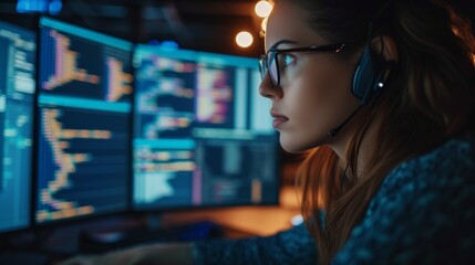 Naklejka premium A woman programmer intensely focused on her work, with multiple computer screens displaying code in the background. The image conveys dedication and concentration, perfect for illustrating software