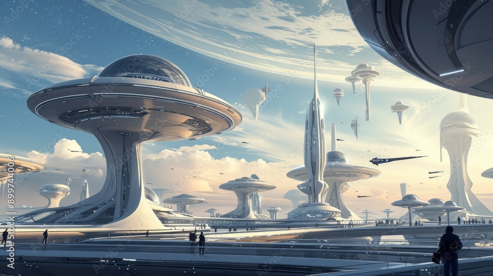 Poster a stunning futuristic cityscape featuring sleek, advanced architecture and flying vehicles. the imag