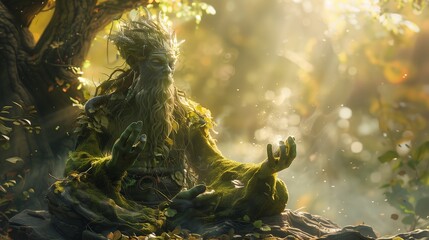 Imaginative half-human creature engaged in a magical ritual, blending anthropomorphic traits with mystical elements