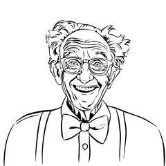 PrintOld man wearing jacket with a bow tie and glasses happy smiling in amazement, comic pop art vector illustration, outline