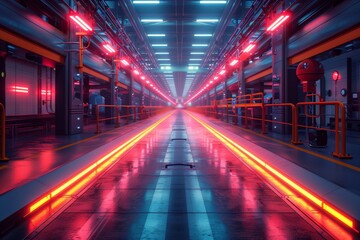 Empty futuristic factory, robotic assembly lines, high-tech machinery, neon lighting, cyberpunk aesthetic. Generative AI