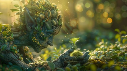 Imaginative depiction of a half-human creature planting a magical garden, blending nature and fantasy