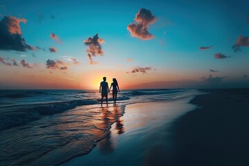 A couple walks along a tranquil beach at sunset, creating a romantic and serene atmosphere with vibrant colors in the sky and ocean reflections.