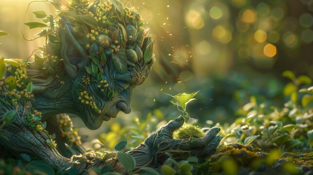 Imaginative depiction of a half-human creature planting a magical garden, blending nature and fantasy