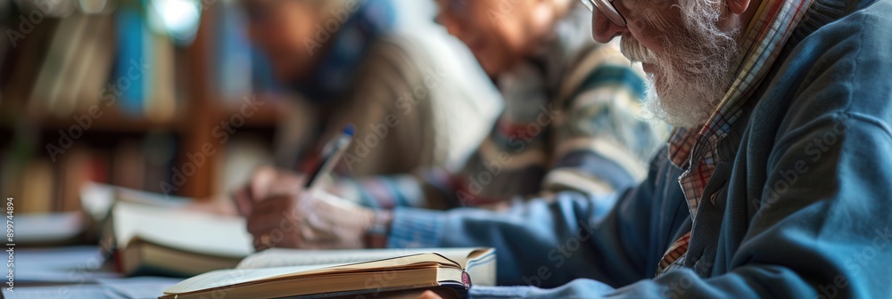 Fototapete elderly students immerse themselves in studying foreign languages, surrounded by textbooks and dicti