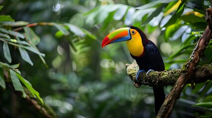 Obraz premium A colorful bird is perched on a branch in a lush green forest. The bird is a toucan, with a large beak and bright yellow and red feathers. The scene is serene and peaceful