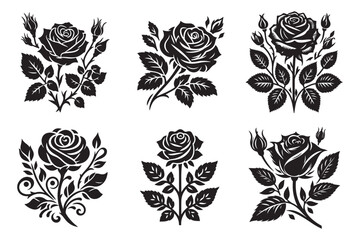 Rose set black silhouette vector illustration white background - Generative AI
