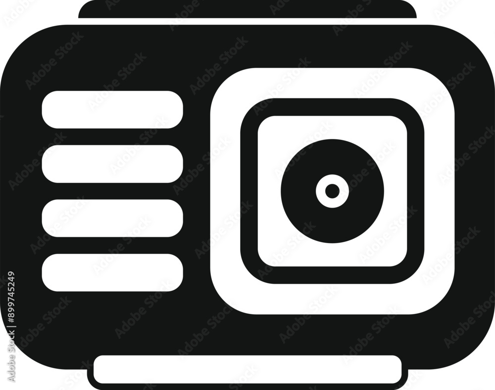 Poster black and white icon of an action camera showing the lens and side buttons