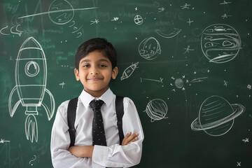 A cute Indian boy wearing a school uniform standing in front of a blackboard with space-themed drawings on it