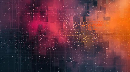 Intricate abstract geometric art showcasing a digital pixelation effect in shades of pink, orange, and dark blue. The futuristic and tech-inspired design is ideal for modern digital projects and