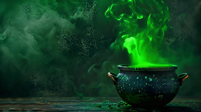 Cauldron of Emerald Enchantment: A witch's brew steams ominously, vibrant green smoke swirling from its depths, against a dark and atmospheric backdrop. 