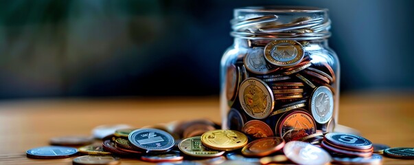 Colorful coins beside a decorative glass jar, vibrant and eyecatching, Colorful coins decorative jar, artistic savings