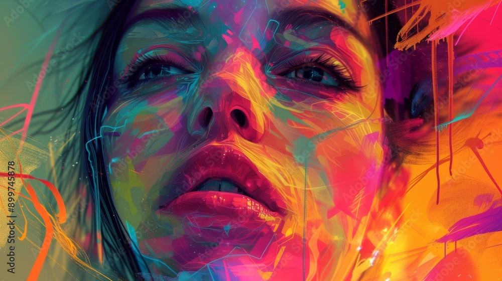 Poster an artistic and expressive portrait of a woman with abstract paint splashes across her face. the col