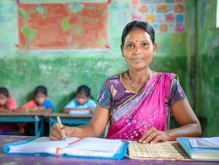 Portrait confident Indian teacher in traditional Indian primary school, in the village, labor day, poor education