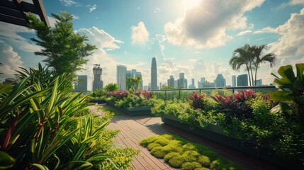 Fototapeta premium A rooftop garden on an urban building, lush plants and flowers