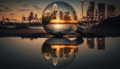 Bright Future: City Skyline Reflected in Sustainable Lightbulb