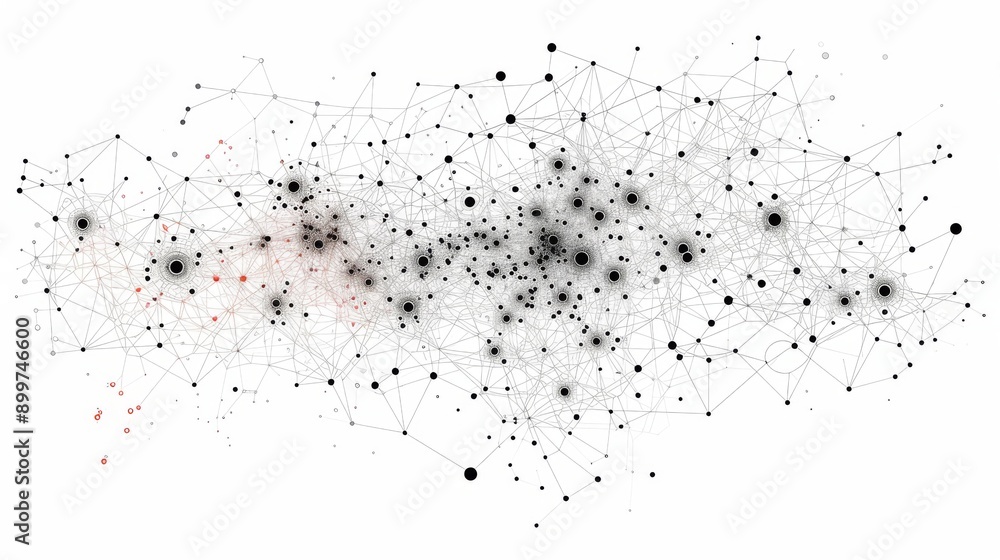 Poster a black and white abstract network features red highlights, showcasing a complex web of connections.