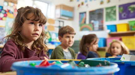 A school classroom with children learning about recycling and sustainability