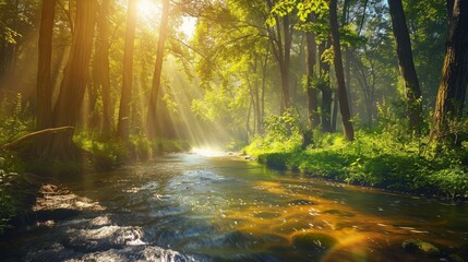 forest with a river flowing through, sunlight filtering through the trees