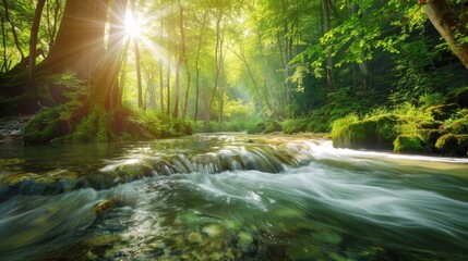 Obraz premium forest with a river flowing through, sunlight filtering through the trees