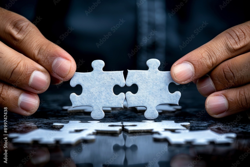 Poster hands connecting a puzzle piece symbolizing teamwork and finding solutions together