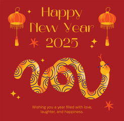 Snakes poster. Chinese 2025 New Year symbol, happy animal character mascot. Lunar new year concept. Chinese zodiac snake in geometric flat modern style vector illustration background
