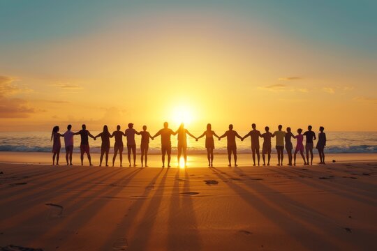 A group of people stand silhouetted on a beach, hands linked, as the sun sets over the ocean.