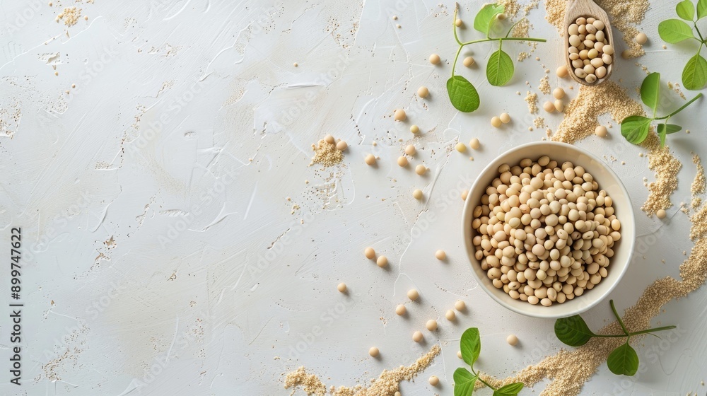 Poster white table background with soybean in a bowl showing health concept